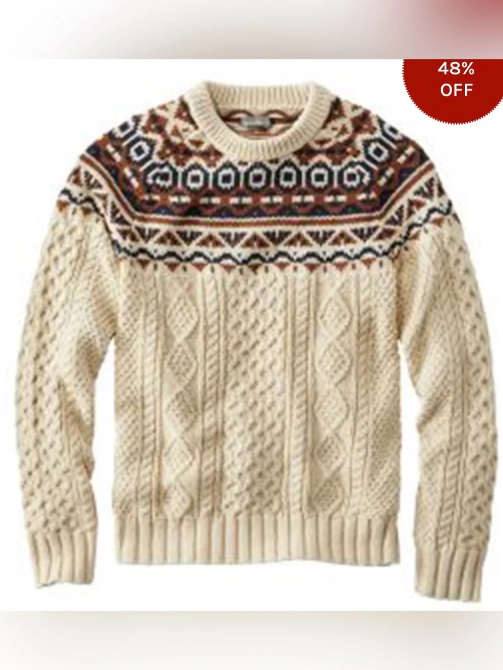 Cotton Fisherman Sweater by LL Bean Signature Fair Isles Cable Knit